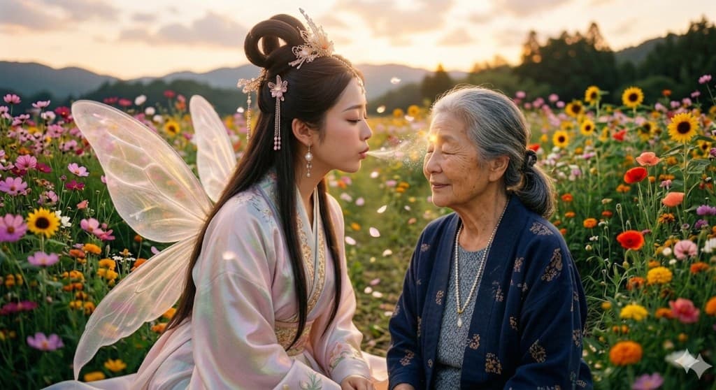 花畑の夕景。羽衣の女性が光の粒を吹きかけ、向かい合う年配の女性の額に光が届く清風療法のイメージ。