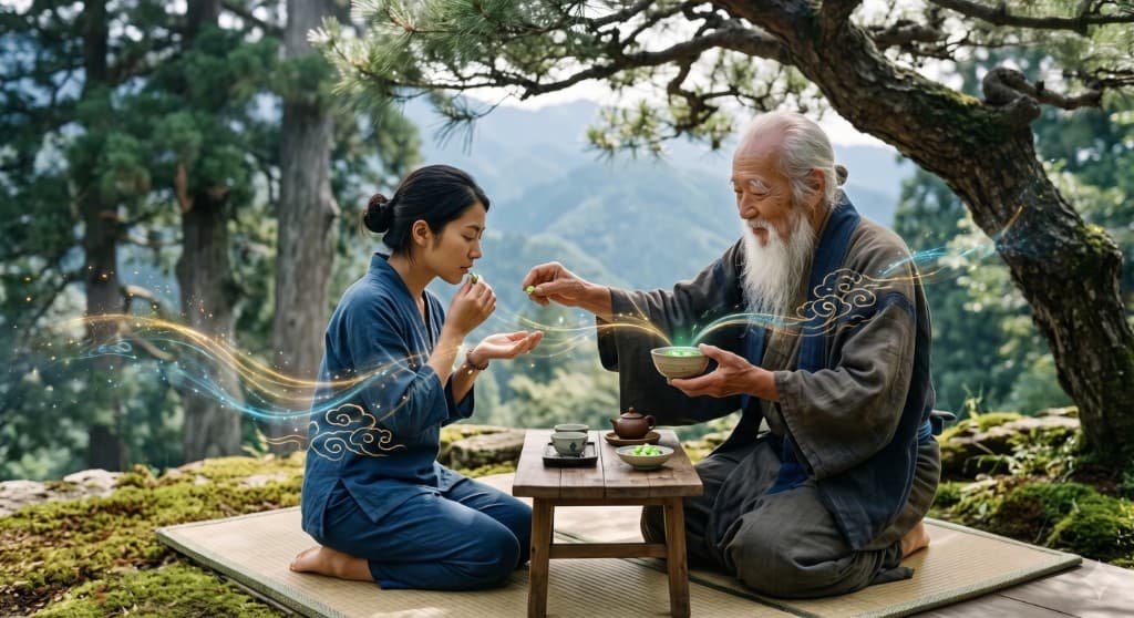仙豆を授ける修行のイメージ。仙人と弟子が山間で仙豆を分かち合う様子。